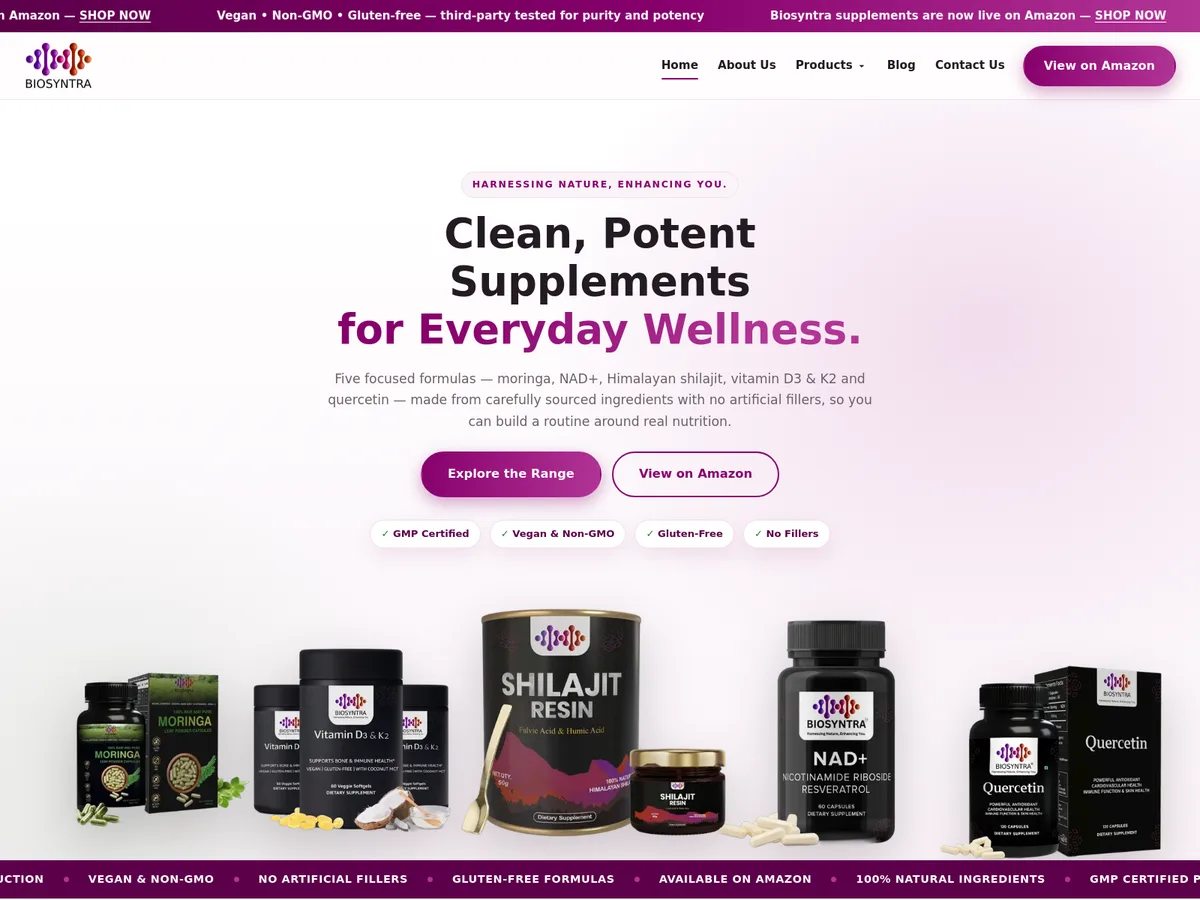Biosyntra homepage — clean, potent supplements for everyday wellness with the full product range
