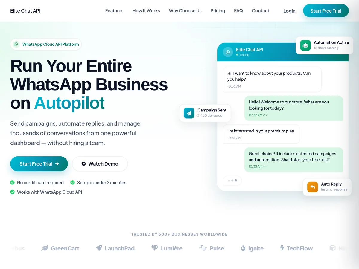 ElitechatAPI homepage — run your entire WhatsApp business on autopilot