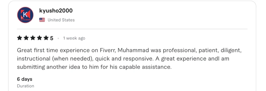 Screenshot of the original 5-star Fiverr review from kyusho2000
