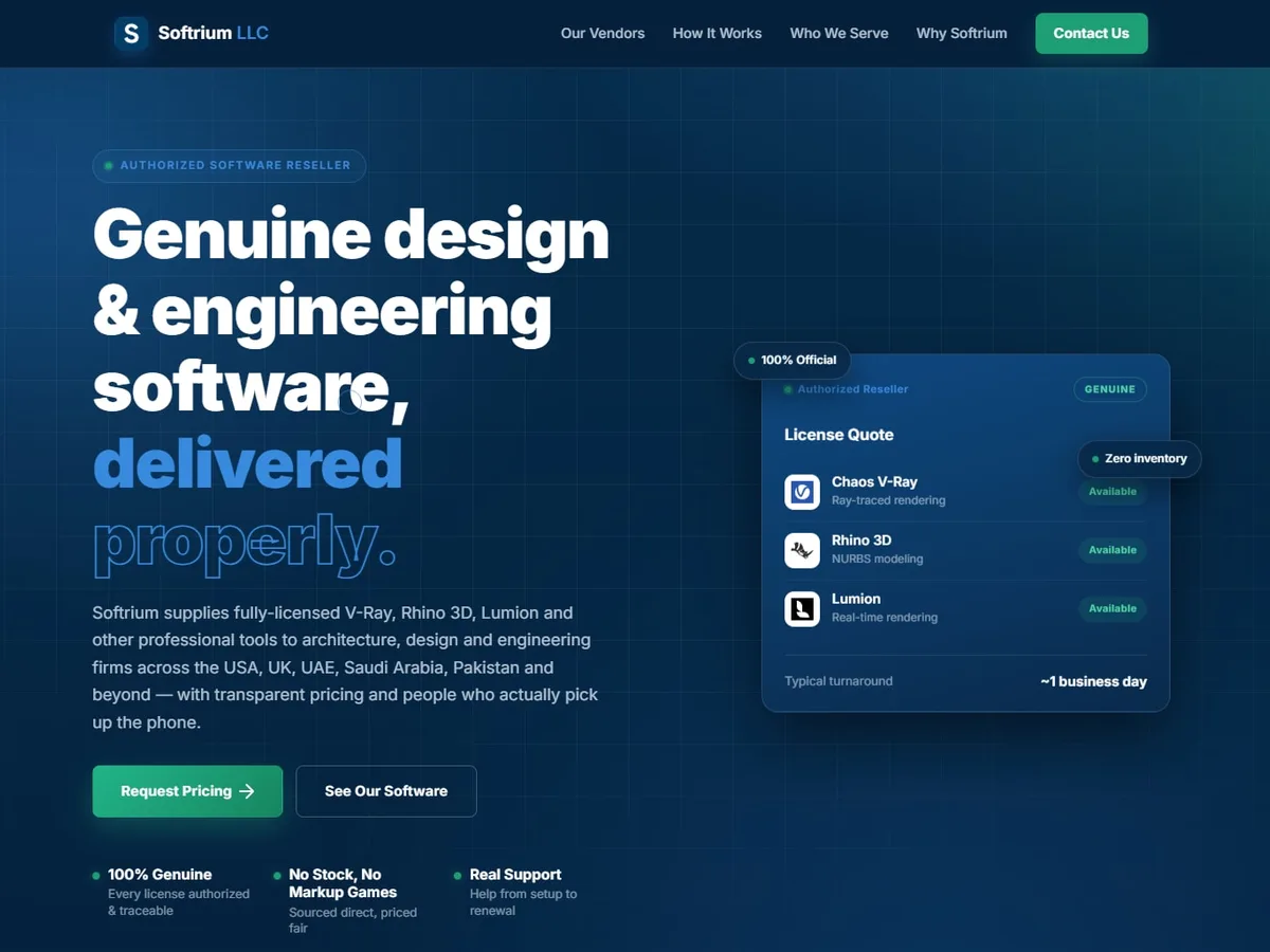 Softrium LLC homepage — genuine design and engineering software, delivered properly